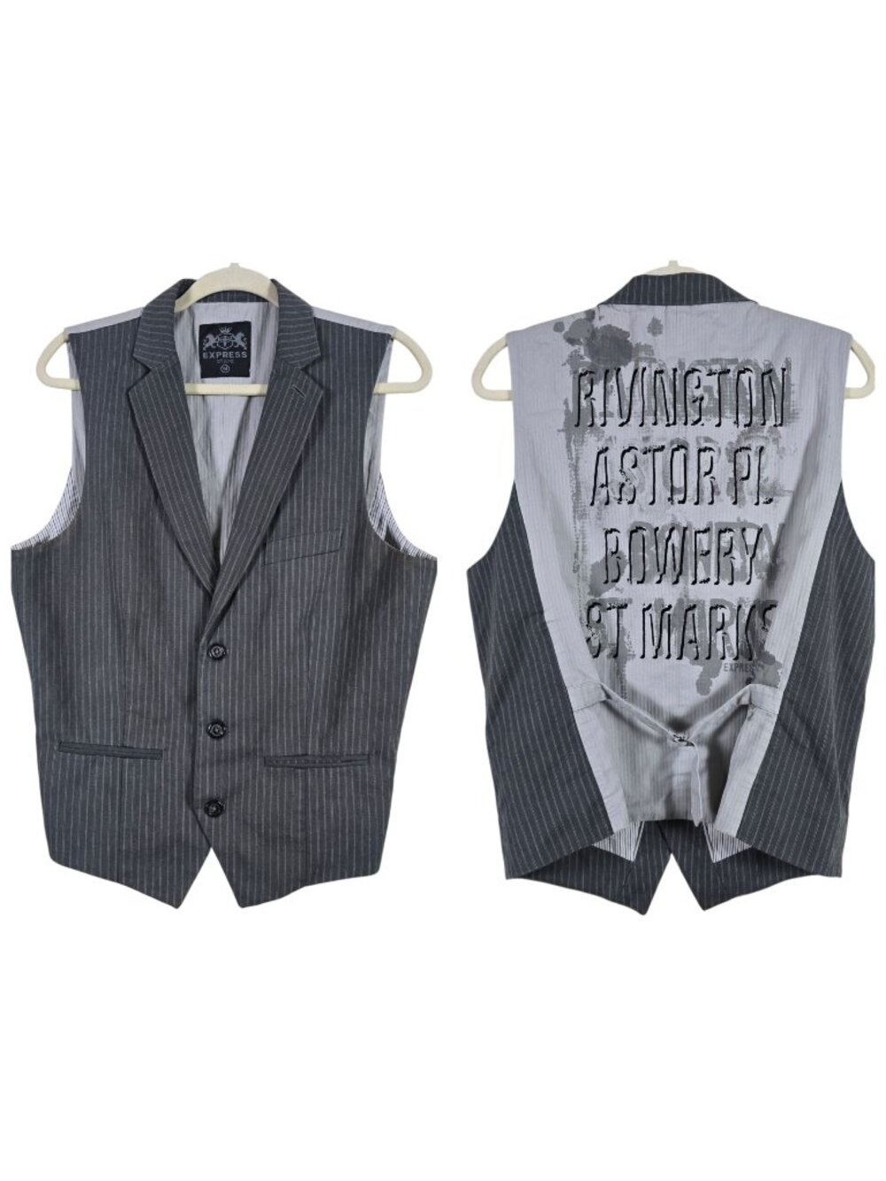Y2K Express Mens Gray Pinstripe Graphic Back Sleeveless Waistcoat Vest Medium